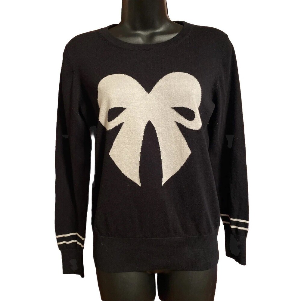 French Connection Black Cotton Blend Sweater White Bow Size Medium